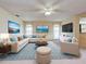 Bright living room featuring a plush sofa, modern decor, and a ceiling fan at 3141 Heron Shores Dr, Venice, FL 34293
