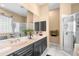 Bathroom with double sink vanity, large mirror, and walk-in shower at 3950 Pepper Ln, North Port, FL 34287