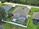 Aerial view of home featuring a private pool, fenced yard, and lush green surroundings, perfect for outdoor enjoyment at 4103 Kinlock St, North Port, FL 34286