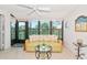 Inviting living room with ceiling fan, outdoor views, and beach-themed accents at 6796 Gasparilla Pines Blvd # 18, Englewood, FL 34224