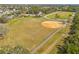Aerial shot of a well-maintained community baseball field surrounded by green space at 731 Flamingo Dr, Apollo Beach, FL 33572