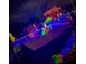 Decorated boat with lights at night and people onboard with words saying 