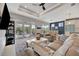 Inviting living room featuring plush seating, sliding glass doors to the lanai, and backyard views at 10121 Beachwalk Dr, Englewood, FL 34223