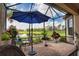 Screened patio with beautiful lake view. There is a nice table and chairs, an umbrella, and some plants at 10410 Inglenook Ter, Palmetto, FL 34221