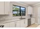 Modern kitchen featuring white cabinets, stainless steel appliances, and a window with backyard views at 13829 Alafaya St, Venice, FL 34293