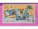 Charming postcard-style artwork featuring 'Siesta Key Florida', celebrating the #1 beach in the U.S.A. with vibrant colors at 161 Suntan Ave, Sarasota, FL 34237