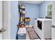 Functional laundry room with new appliances and shelving for storage at 352 Glenwood Ave, Osprey, FL 34229