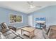 Comfortable living room with hardwood floors, a ceiling fan, and a view of the landscaped exterior at 352 Glenwood Ave, Osprey, FL 34229