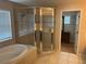 Bathroom including glass shower enclosure, soaking tub, and view into closet at 5966 Willows Bridge Loop, Ellenton, FL 34222