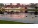 Scenic pond view reflecting homes, palm trees, and a picturesque pink sky at sunset at 5966 Willows Bridge Loop, Ellenton, FL 34222