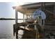 Dock on tranquil bay with a 'No Wake' sign and boat shelter at 976 Euclid Rd, Venice, FL 34293