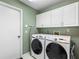 Well-equipped laundry room with modern washer and dryer, white cabinets, and ample storage space at 114 Southampton N Pl # 237, Venice, FL 34293