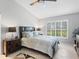 Comfortable main bedroom with vaulted ceiling, neutral colors, a ceiling fan, and plantation shutters at 114 Southampton N Pl # 237, Venice, FL 34293