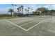 Well-maintained tennis court with a net, fencing, and surrounding palm trees at 1531 Belfry Dr, Venice, FL 34292