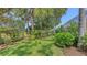 Lush backyard with meticulously maintained lawn, tropical trees, and flowering bushes at 201 Vestavia Dr, Venice, FL 34292