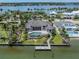 Aerial view of the backyard showcasing the pool, patio, and waterfront views with a private dock at 333 Sunrise Dr, Nokomis, FL 34275