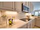 Contemporary kitchen with bright countertops, modern backsplash, and stainless steel appliances at 8209 Snowy Egret Pl, Bradenton, FL 34202