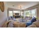 Spacious living room with a comfortable gray sectional, stylish decor, and a view of the screened-in pool area at 8209 Snowy Egret Pl, Bradenton, FL 34202