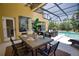 Dine outdoors in this screened patio offering serene views of the pool and backyard at 8209 Snowy Egret Pl, Bradenton, FL 34202
