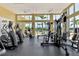 Well-equipped gym with state-of-the-art machines and a view of the pool and palm trees at 8409 Placida Rd # 206, Placida, FL 33946