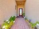 Elegant front door with decorative glass, a welcome mat, and a charming potted plant at 9118 Coachman Dr, Venice, FL 34293