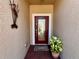Elegant front door with decorative glass, a welcome mat, and a charming potted plant at 9118 Coachman Dr, Venice, FL 34293