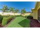 Landscaped backyard featuring green lawn, decorative rocks, and various bushes and palm trees at 11624 Garessio Ln, Sarasota, FL 34238