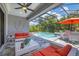 Relaxing screened lanai with a sparkling pool, hot tub, and comfortable seating with an orange umbrella at 12871 Cinqueterre Dr, Venice, FL 34293