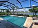 Screened-in pool area featuring travertine tile, lush landscaping, and a beautiful lake view at 13016 Rinella St, Venice, FL 34293