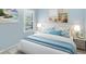 Comfortable bedroom with light blue walls, white bed, and beach-themed decor at 213 Malina Ct, Nokomis, FL 34275