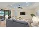 Cozy living room with lake view, tile floors, blue ceiling and comfortable gray sofa and chairs at 213 Malina Ct, Nokomis, FL 34275