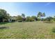 Large backyard featuring lush green lawn, mature trees, and a trampoline, perfect for outdoor activities at 249 Hallcrest Ter, Port Charlotte, FL 33954