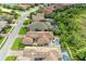 An aerial view of a home with a private pool nestled in a lush, upscale community by a lake at 4740 Royal Dornoch Cir, Bradenton, FL 34211