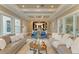 Spacious living room featuring a coffered ceiling, neutral decor, and access to the kitchen and outdoor areas at 4740 Royal Dornoch Cir, Bradenton, FL 34211