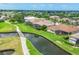 Community aerial shot of lush landscaping, waterfront homes, and a walking bridge at 1345 Reserve Dr, Venice, FL 34285