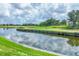 Picturesque backyard with a serene pond, a walking bridge, and green lawns at 1345 Reserve Dr, Venice, FL 34285