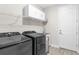 Well-equipped laundry room with modern gray washer and dryer, white cabinetry and shelving at 19927 Bridgetown Loop, Venice, FL 34293