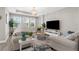 Elegant living room with a chandelier, neutral furnishings, and bright windows at 19927 Bridgetown Loop, Venice, FL 34293