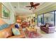 Living room with open view to the kitchen and patio dining, and leather sofas at 20169 Cristoforo Pl, Venice, FL 34293