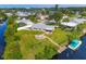 Aerial view of the property with a spacious backyard, firepit, swing set, private boat dock, and waterfront access at 458 Ceil Ct, Nokomis, FL 34275