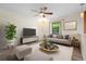 Brightly lit living room with large window, a comfortable gray sofa, television, potted plant, and two ottomans at 844 Senda Plata # 27, Venice, FL 34293