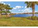 Beautiful lake view with palm trees, lush green lawn, and homes in the distance on a sunny day at 13334 Pacchio St, Venice, FL 34293