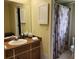 Well-lit bathroom with wood cabinets, white sink and decorative shower curtain at 1608 E Cypress Point Dr, Venice, FL 34293