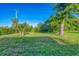 Expansive backyard with lush green grass and mature trees provides privacy at 1614 Quail Lake Dr, Venice, FL 34293