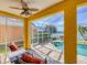 Cozy covered patio with seating area and serene pool and water views at 1620 San Silvestro Dr, Venice, FL 34285