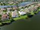 Aerial view of a residential neighborhood showcasing waterfront homes and community layout at 2928 Seasons Blvd, Sarasota, FL 34240