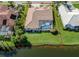 Aerial view of the property's backyard, with a pool, landscaping, and serene lake views at 2928 Seasons Blvd, Sarasota, FL 34240