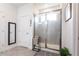 The main bathroom features a glass-enclosed shower, a framed mirror and a plant for decor at 4033 Union Ln, North Port, FL 34288