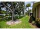 Lush backyard with mature trees and tranquil lake views, offering a serene outdoor retreat at 519 Catalina Isles Cir, Venice, FL 34292