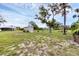 Spacious backyard showcasing lush greenery, mature trees, and a storage shed at 612 Bayshore Rd, Nokomis, FL 34275